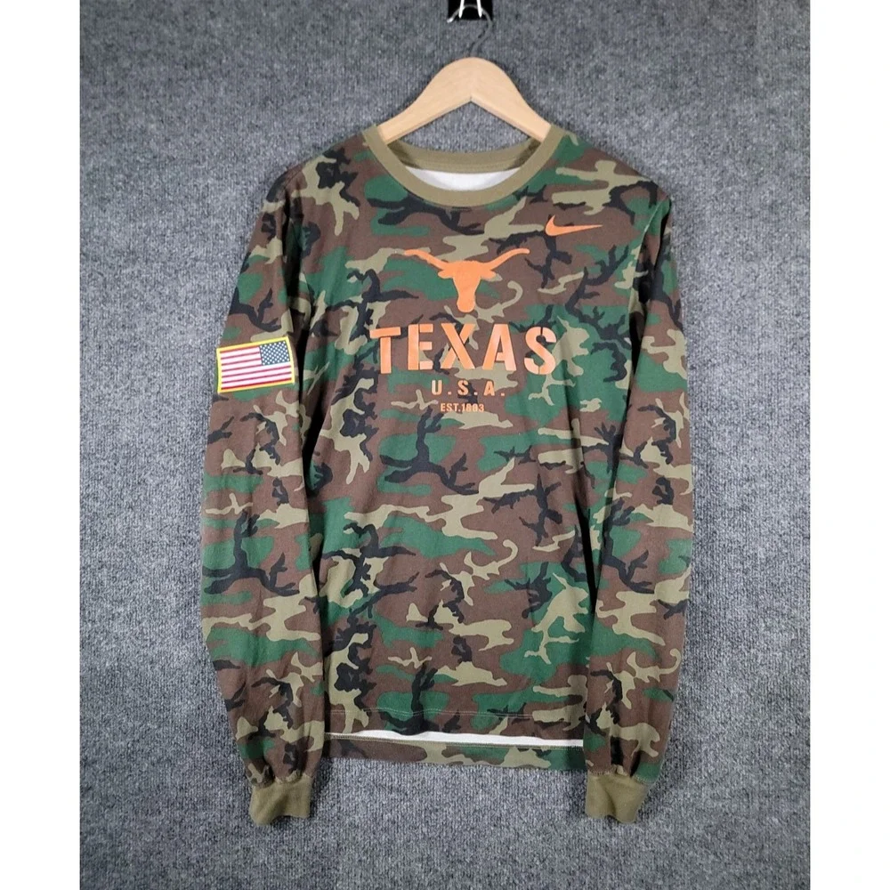 Texas Longhorns Nike Long Sleeve Shirt Small Mens Camouflage Military Patch Flag